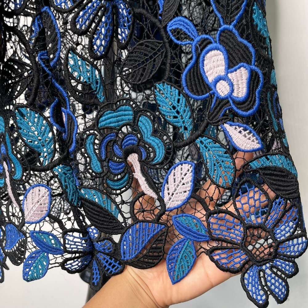 Self Portrait Women's Blue Black Long Sleeve Lace Floral Midi Dress Size 10 - Picture 11 of 12